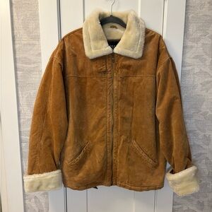 Leather Adult Sz XL Tan Leather Bomber Suede Jacket Coat Faux Fur Trim Boho